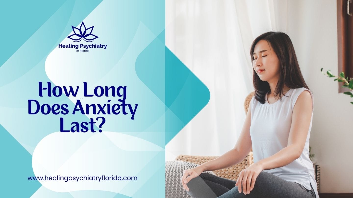 A peaceful image of a woman practicing meditation, with eyes closed and hands gently resting on her knees, which illustrates coping techniques for the question How Long Does Anxiety Last?