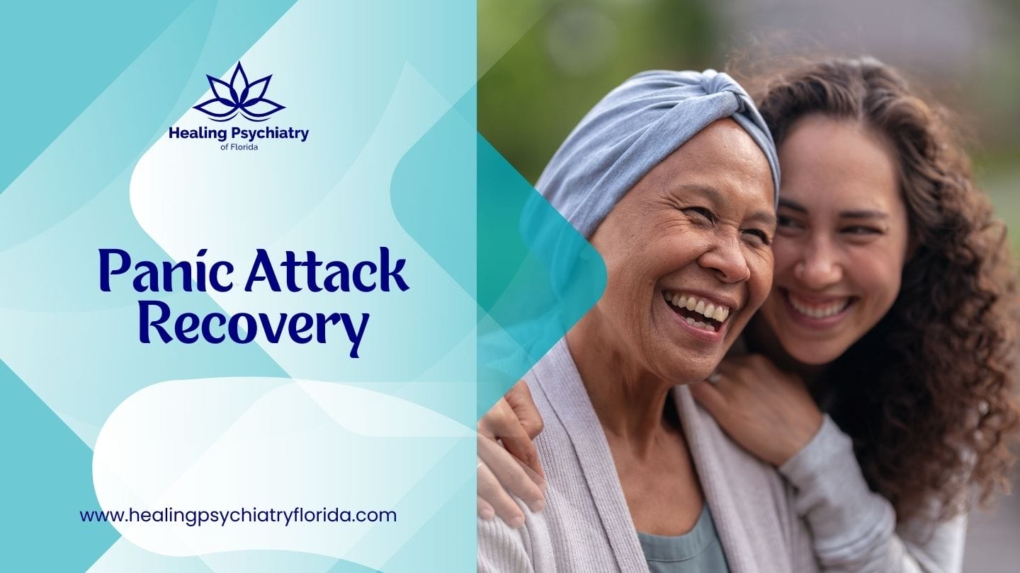 An image of a joyful older woman embracing a younger woman, symbolizing support in "Panic Attack Recovery: Managing Symptoms & Finding Relief," with the website "www.healingpsychiatryflorida.com" for Healing Psychiatry of Florida.