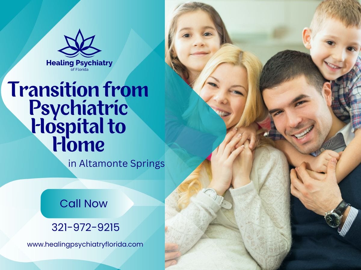 Blog featured image for transition from psychiatric hospital to home in Altamonte Springs, featuring a smiling family with two adults and two children, encouraging to call their phone number for assistance.